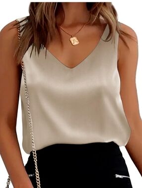 Elegant V-Neck Satin Camisole Tank Top - Cream